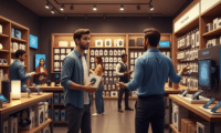 Mystery shopper evaluating smart home product with retail associate in consumer electronics store