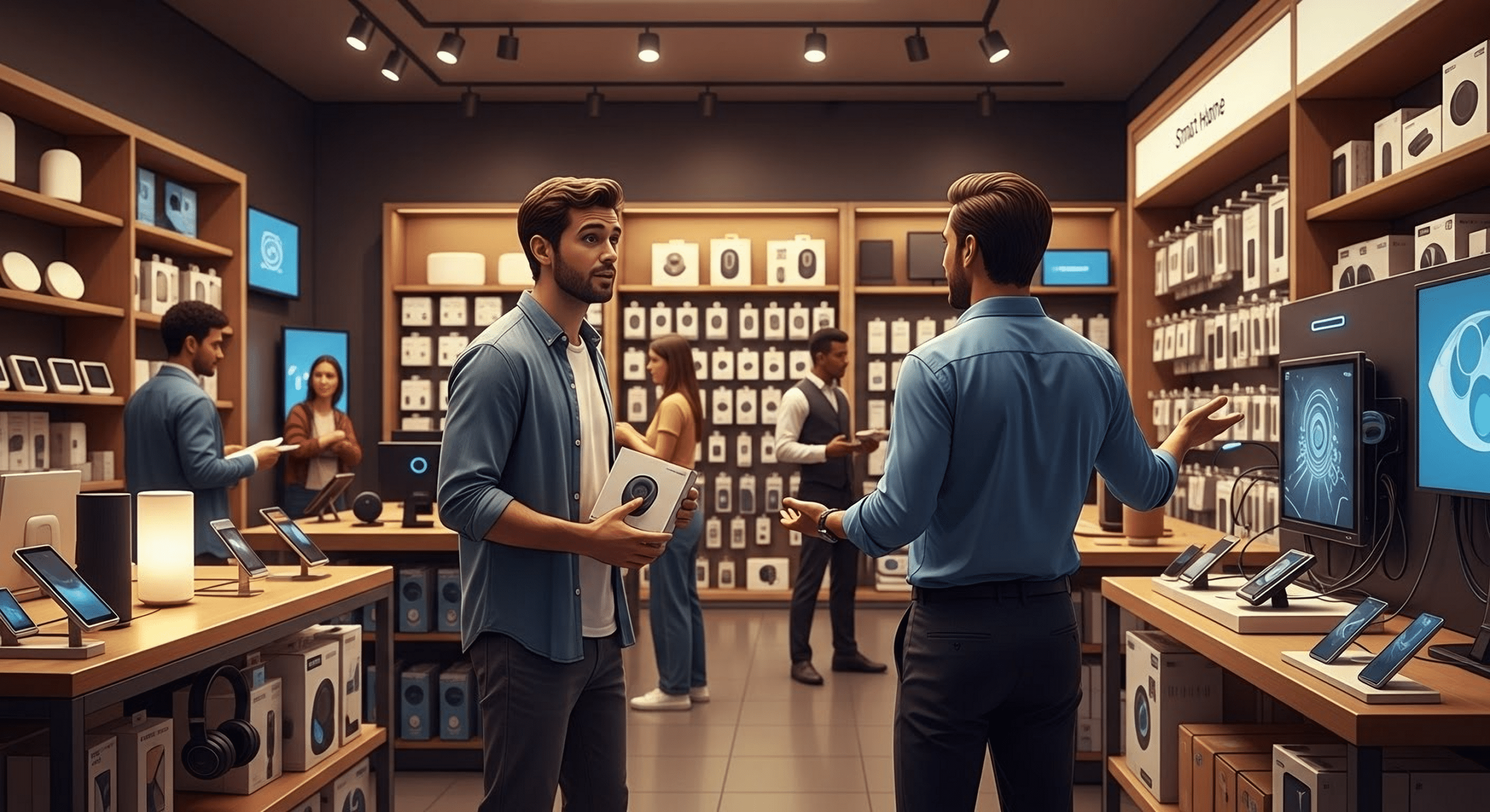 Mystery shopper evaluating smart home product with retail associate in consumer electronics store