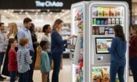 Automated retail kiosk offering pet food, treats, and supplies inside a modern pet store