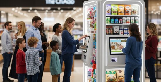 Automated retail kiosk offering pet food, treats, and supplies inside a modern pet store
