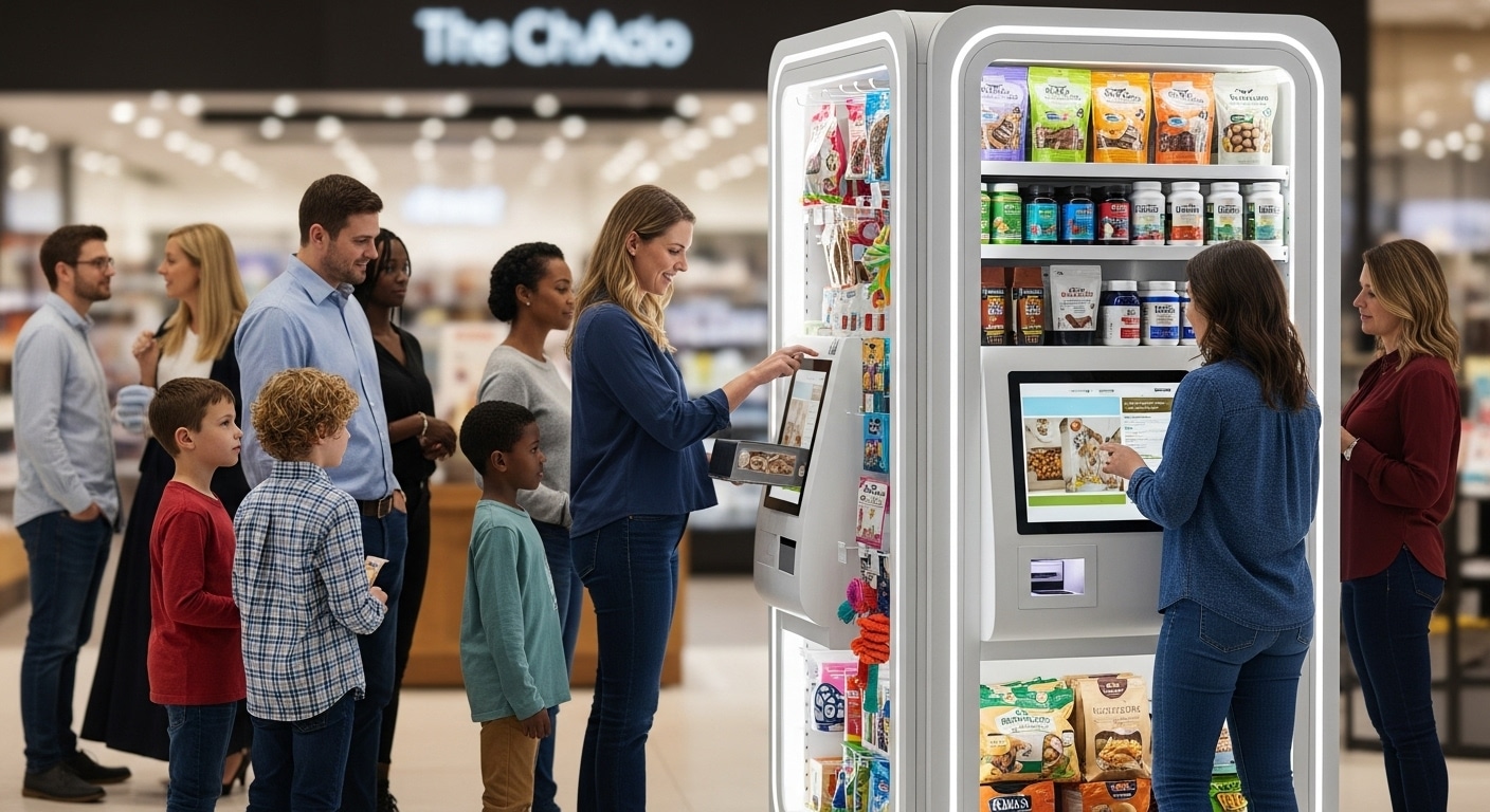 Automated retail kiosk offering pet food, treats, and supplies inside a modern pet store