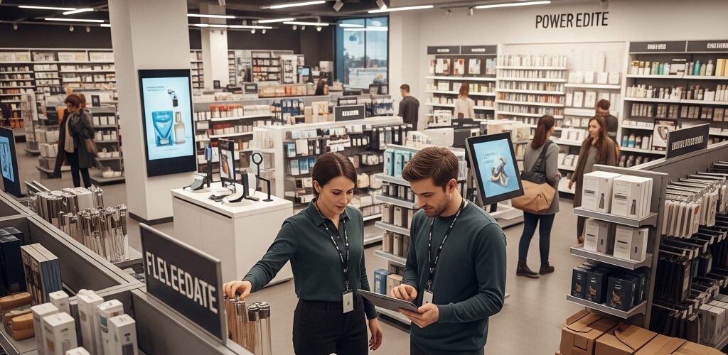 Retail staff collaborating on store merchandising execution with tablet and flexible fixtures in modern retail environment