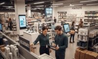 Retail staff collaborating on store merchandising execution with tablet and flexible fixtures in modern retail environment