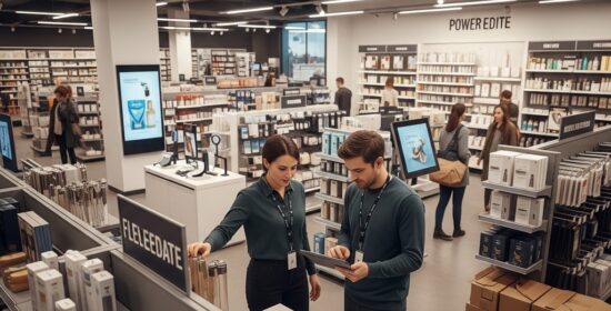 Retail staff collaborating on store merchandising execution with tablet and flexible fixtures in modern retail environment