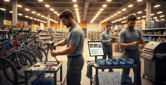 Professional assembly services preparing retail products before store opening in a big-box store