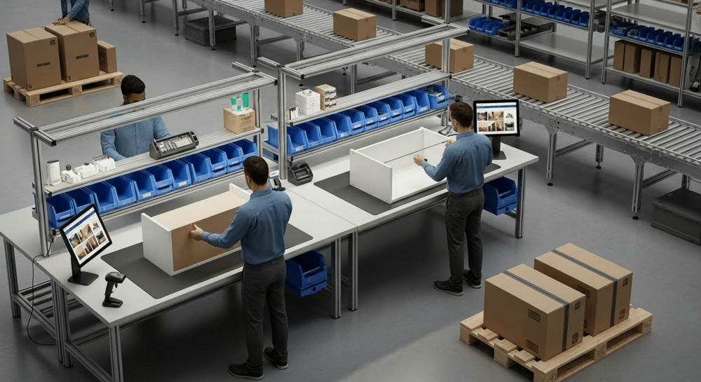 Technicians assembling furniture and electronics in a modern fulfillment center workstation