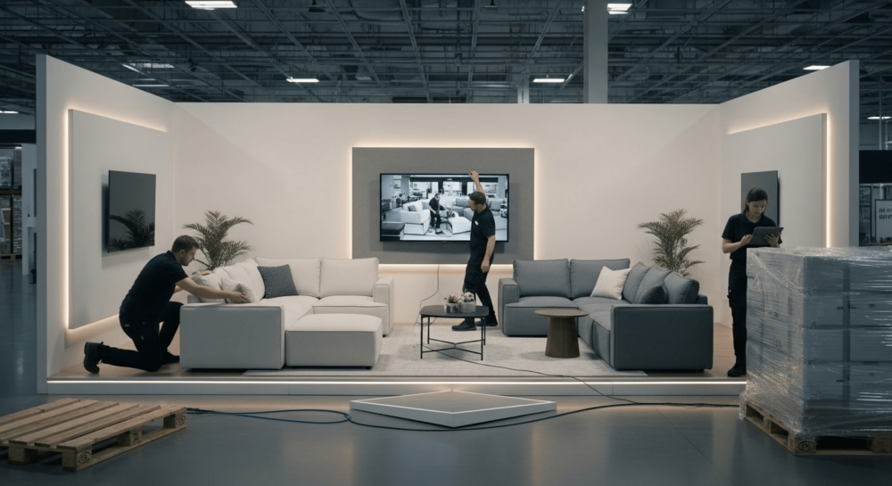 Technicians perfecting a premium pop-up living room display in a warehouse-club setting 