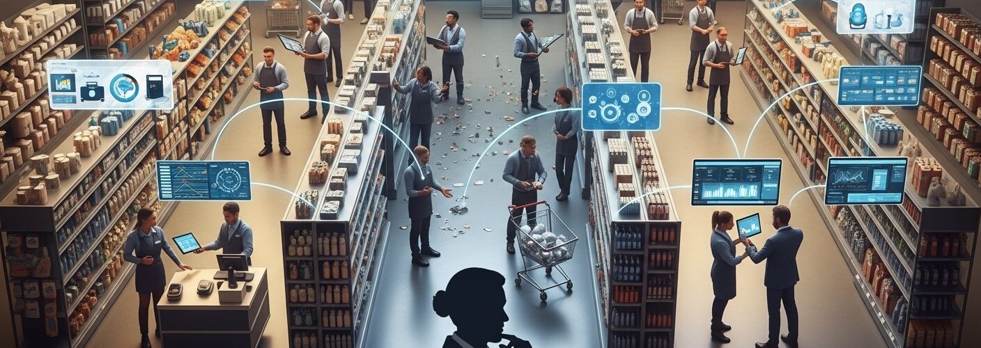 Equipo de venta minorista que utiliza paneles digitales en tiempo real para supervisar la ejecución en la tienda y los datos de rendimiento