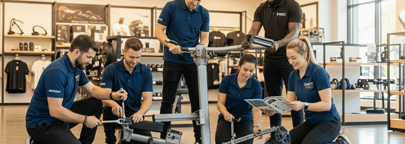 A diverse team of T-ROC professionals in black polo shirts collaboratively assembling fitness equipment in a well-lit retail store, demonstrating expert retail product assembly services.