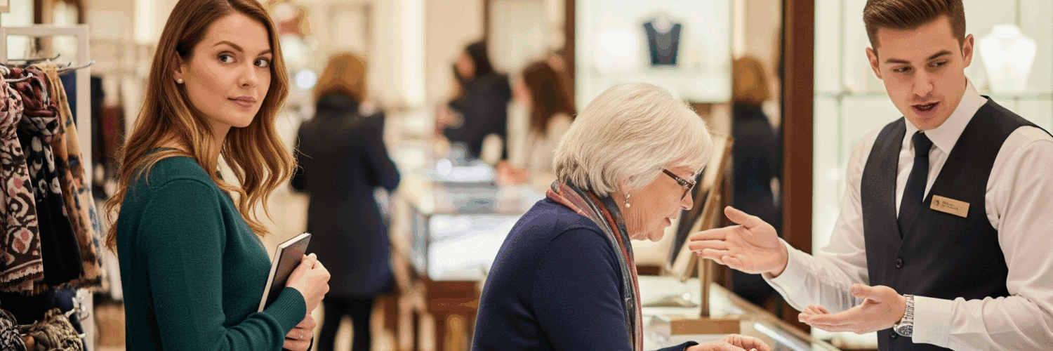 A young woman discreetly observes a sales associate helping an older customer in a festive, holiday-decorated jewelry store, embodying a mystery shopper's role.