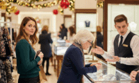 A young woman discreetly observes a sales associate helping an older customer in a festive, holiday-decorated jewelry store, embodying a mystery shopper's role.