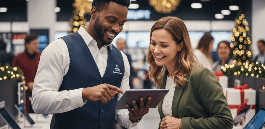 A smiling male brand ambassador in a modern retail store during the holidays, showing a product on a tablet to an impressed female customer holding a red shopping bag. Festive lights and decorations are visible.