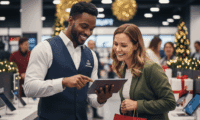 A smiling male brand ambassador in a modern retail store during the holidays, showing a product on a tablet to an impressed female customer holding a red shopping bag. Festive lights and decorations are visible.