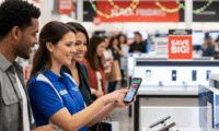 A smiling brand ambassador in a blue polo shirt points to features on a smartphone, explaining them to two engaged shoppers in a busy electronics store during Black Friday, with