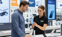 A professional brand ambassador wearing a black polo shirt gestures while talking to a small group of customers in a bright, modern retail store.