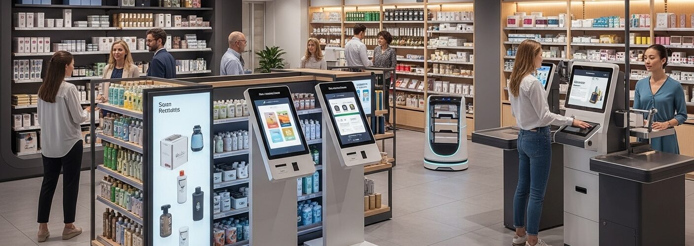 T-ROC-powered automated retail store with kiosks, self-checkout, smart shelves, and service robots in active use by customers