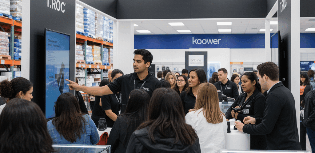 A diverse group of customers engages with a T-ROC brand ambassador at an interactive electronics kiosk during a busy retail road show inside a Costco warehouse store.