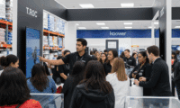 A diverse group of customers engages with a T-ROC brand ambassador at an interactive electronics kiosk during a busy retail road show inside a Costco warehouse store.
