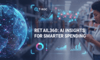 Horizontal banner for T-ROC Retail360 featuring a digital globe, data dashboards, a map of the USA with highlighted regions, and a woman using a smartphone in a retail aisle, illustrating AI insights for smarter retail spending.