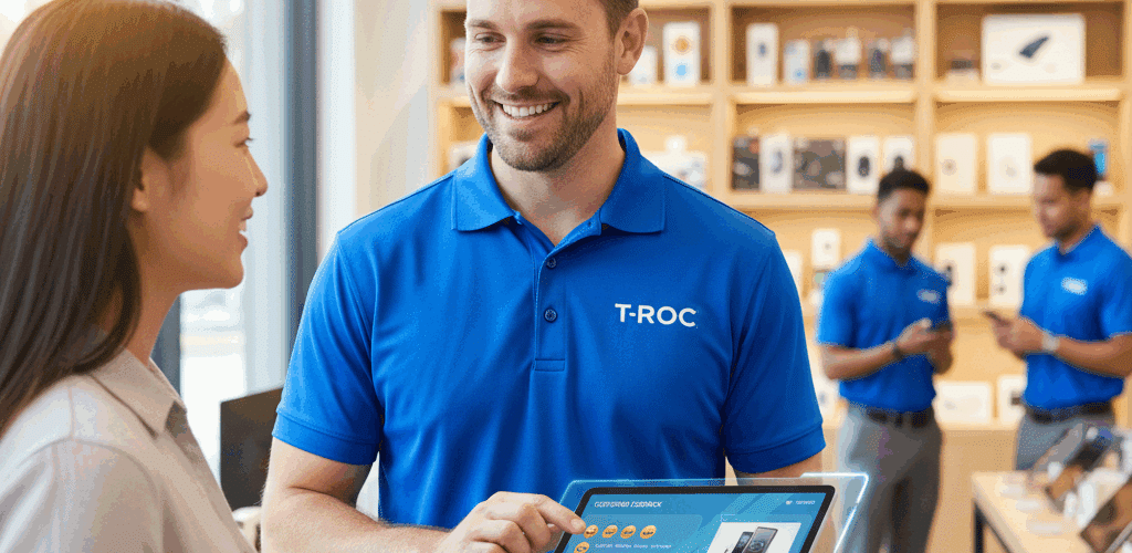 A smiling T-ROC Brand Ambassador, a man in a blue branded polo, shows a transparent tablet displaying "Customer Feedback" and product data to an interested female customer in an electronics store. Other T-ROC team members are visible in the background.