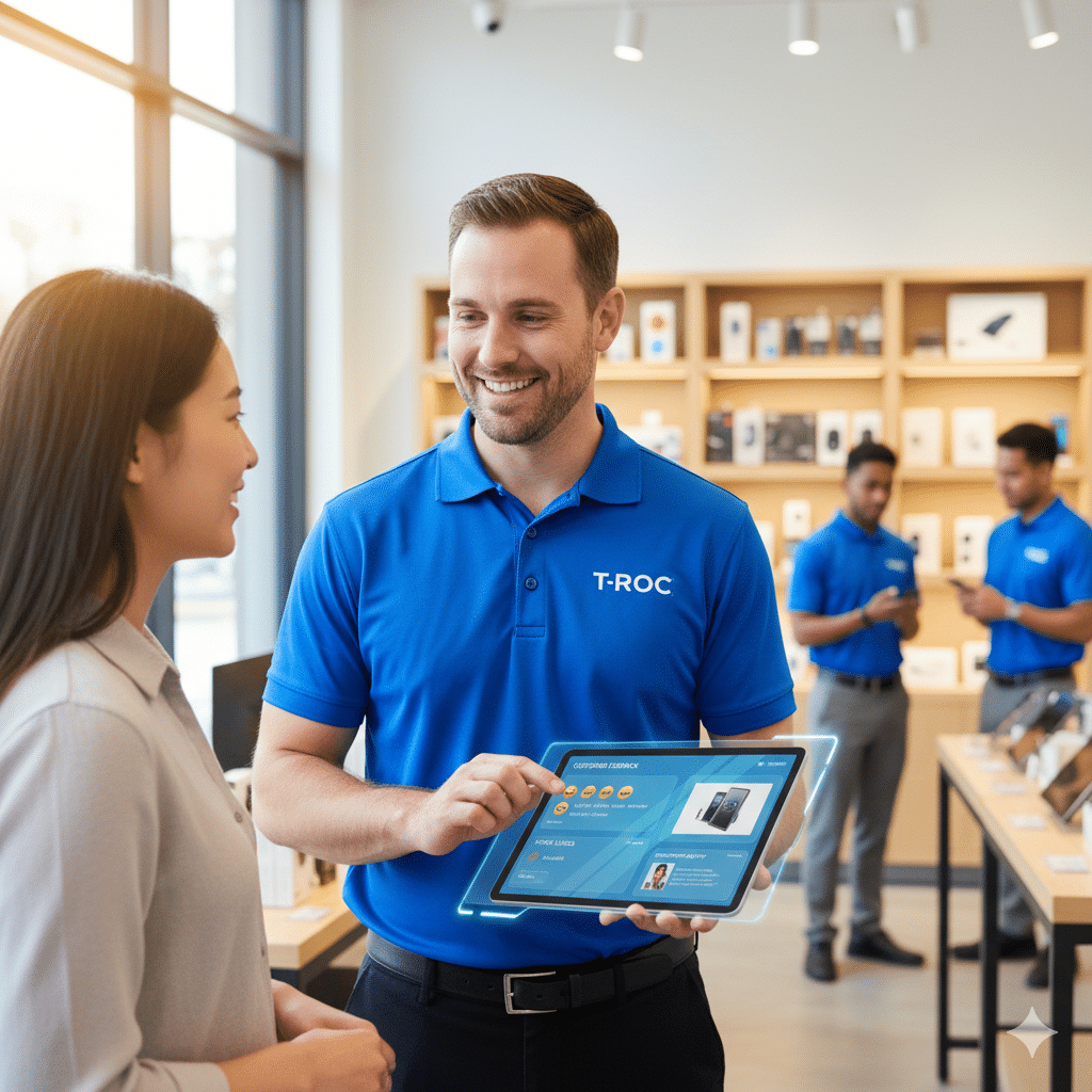 A smiling T-ROC Brand Ambassador, a man in a blue branded polo, shows a transparent tablet displaying "Customer Feedback" and product data to an interested female customer in an electronics store. Other T-ROC team members are visible in the background.