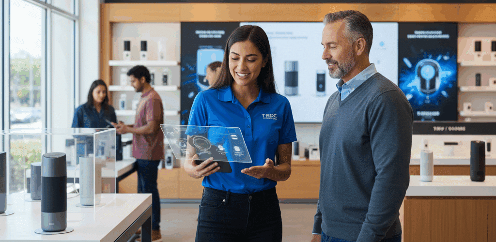 A T-ROC Brand Ambassador, a young woman in a blue branded polo, uses a transparent tablet to show product information to an attentive male customer in a modern electronics retail store. Other shoppers are blurred in the background.