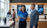 A T-ROC Brand Ambassador, a young woman in a blue branded polo, uses a transparent tablet to show product information to an attentive male customer in a modern electronics retail store. Other shoppers are blurred in the background.