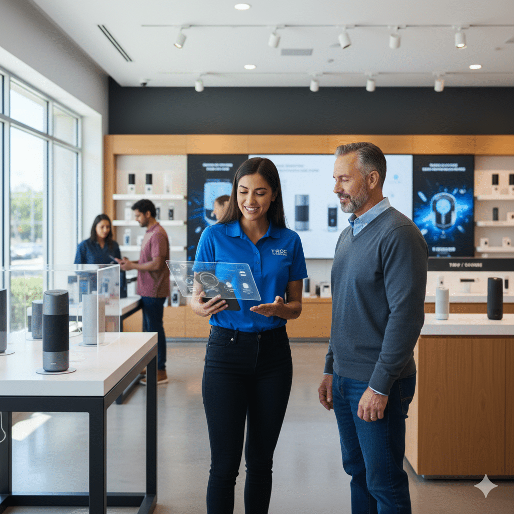 A T-ROC Brand Ambassador, a young woman in a blue branded polo, uses a transparent tablet to show product information to an attentive male customer in a modern electronics retail store. Other shoppers are blurred in the background.