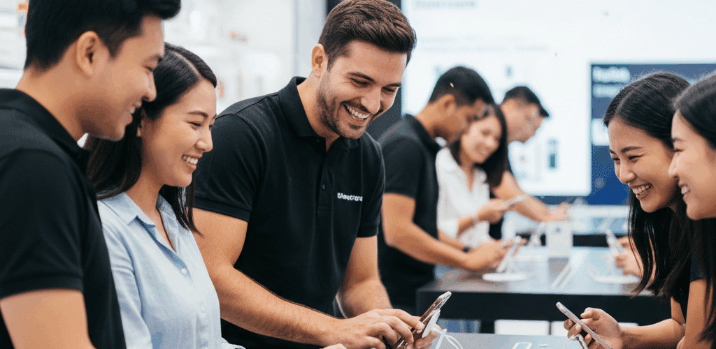A professional Brand Ambassador team runs a high-energy product demonstration event in a sunny public plaza, actively engaging multiple customers.