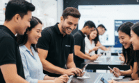 A professional Brand Ambassador team runs a high-energy product demonstration event in a sunny public plaza, actively engaging multiple customers.