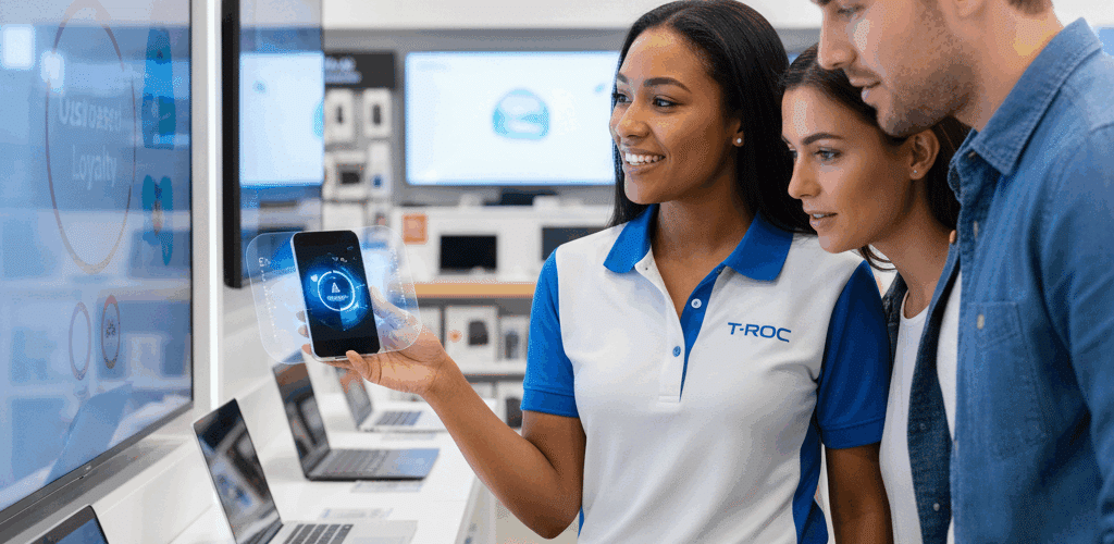 A professional T-ROC brand ambassador in a retail electronics store engaging with a young couple by demonstrating a feature on a smartphone.