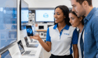 A professional T-ROC brand ambassador in a retail electronics store engaging with a young couple by demonstrating a feature on a smartphone.