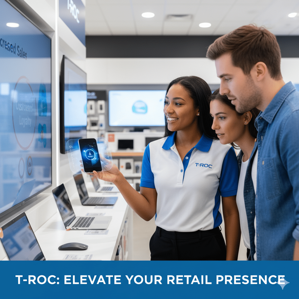 A professional T-ROC brand ambassador in a retail electronics store engaging with a young couple by demonstrating a feature on a smartphone.