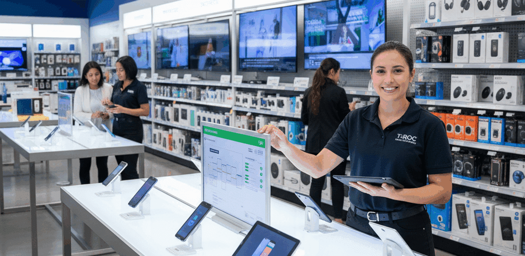 A T-ROC merchandising specialist smiling while adjusting a smart display in a modern electronics store, with other customers and perfectly stocked shelves in the background, showcasing effective retail merchandising services.