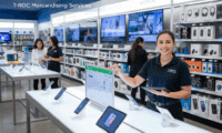A T-ROC merchandising specialist smiling while adjusting a smart display in a modern electronics store, with other customers and perfectly stocked shelves in the background, showcasing effective retail merchandising services.