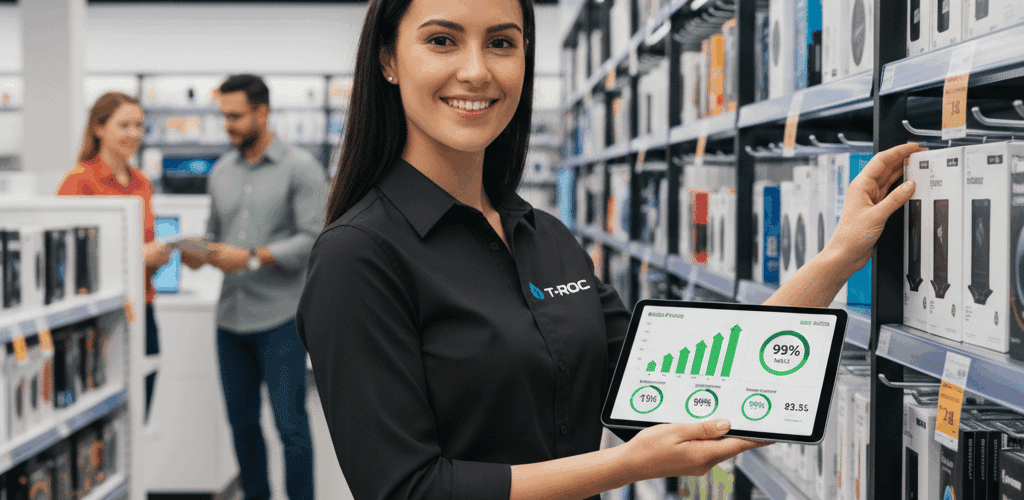 A T-ROC merchandising specialist in a black polo shirt smiles while using a tablet for a compliance check in a modern, fully-stocked electronics store.