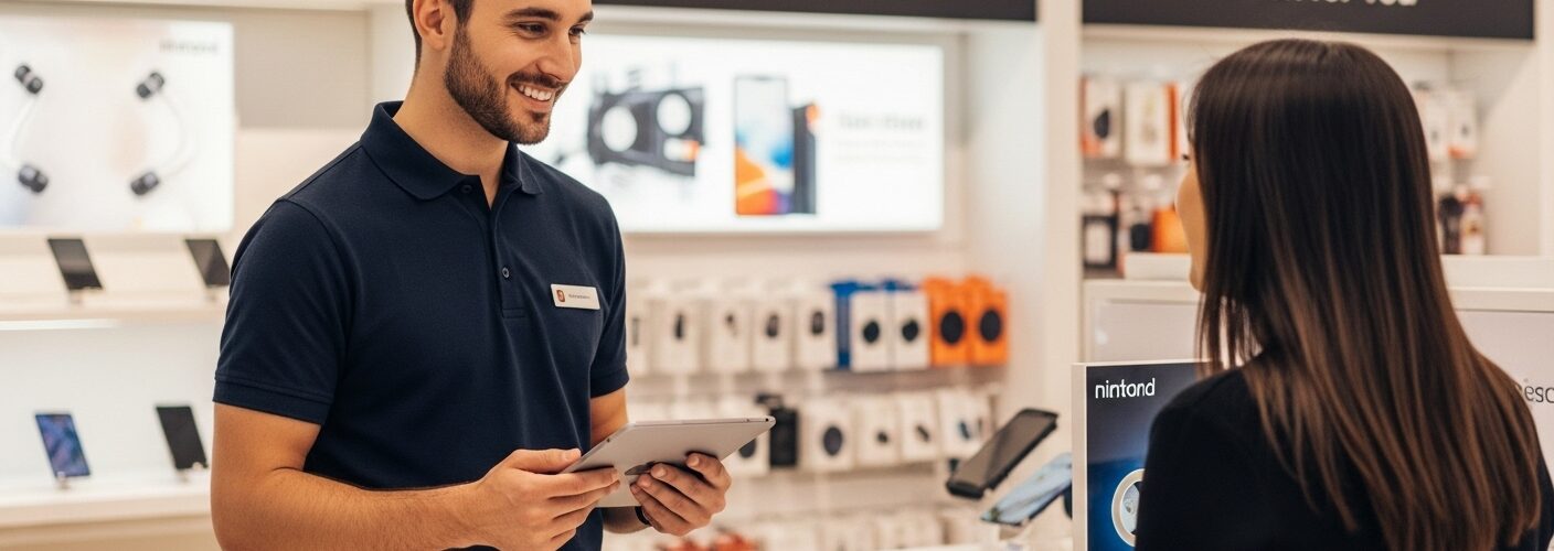 A T-ROC brand ambassador helps a shopper choose a smartphone in a modern electronics store, demonstrating expert customer engagement and personalized retail service.