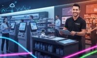 Modern retail store powered by AI and automated solutions, featuring a T-ROC associate assisting customers with smart retail technology, digital shelves, and AI kiosks.