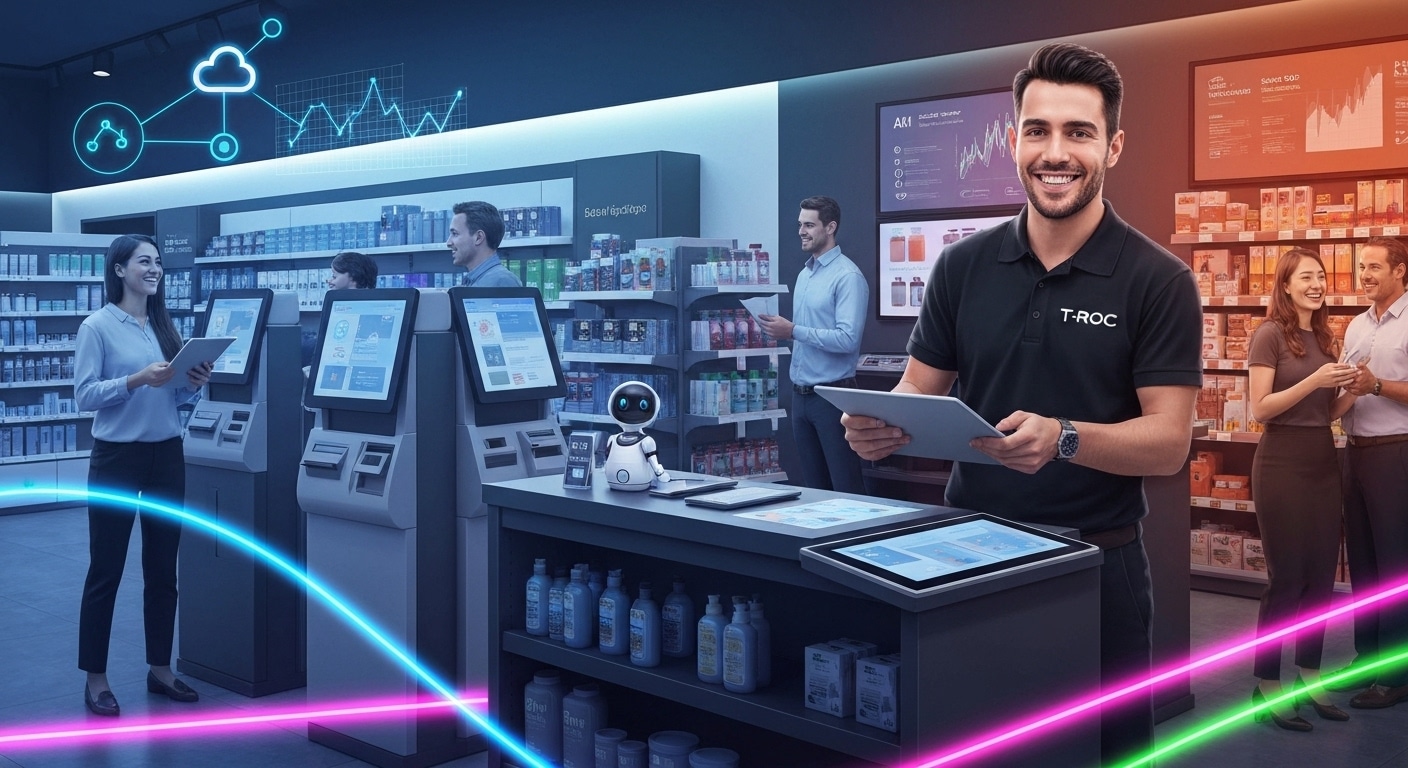 Modern retail store powered by AI and automated solutions, featuring a T-ROC associate assisting customers with smart retail technology, digital shelves, and AI kiosks.