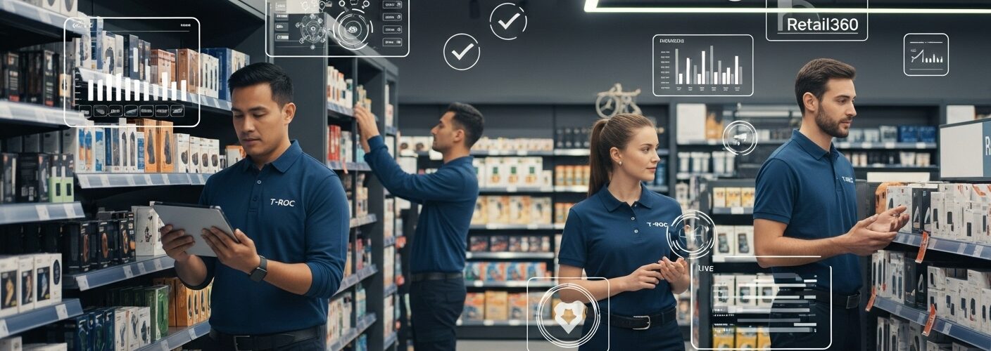 T-ROC field team auditing retail displays and tracking store performance with Retail360 technology.
