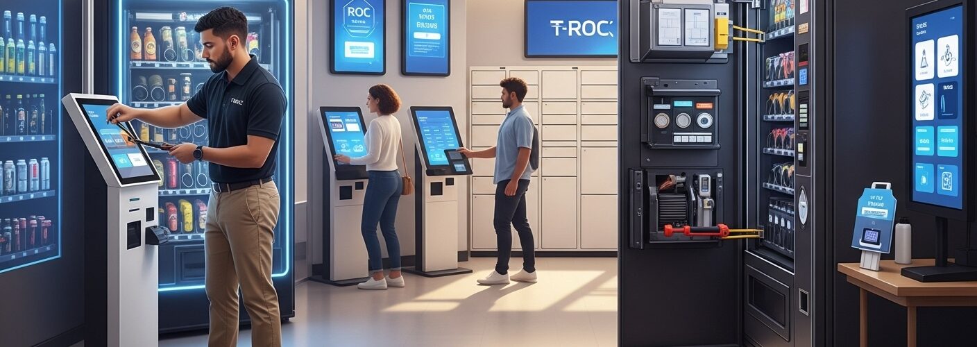 Retail technician repairing a self-service kiosk inside a modern store with interactive displays, digital signage, and smart lockers working seamlessly