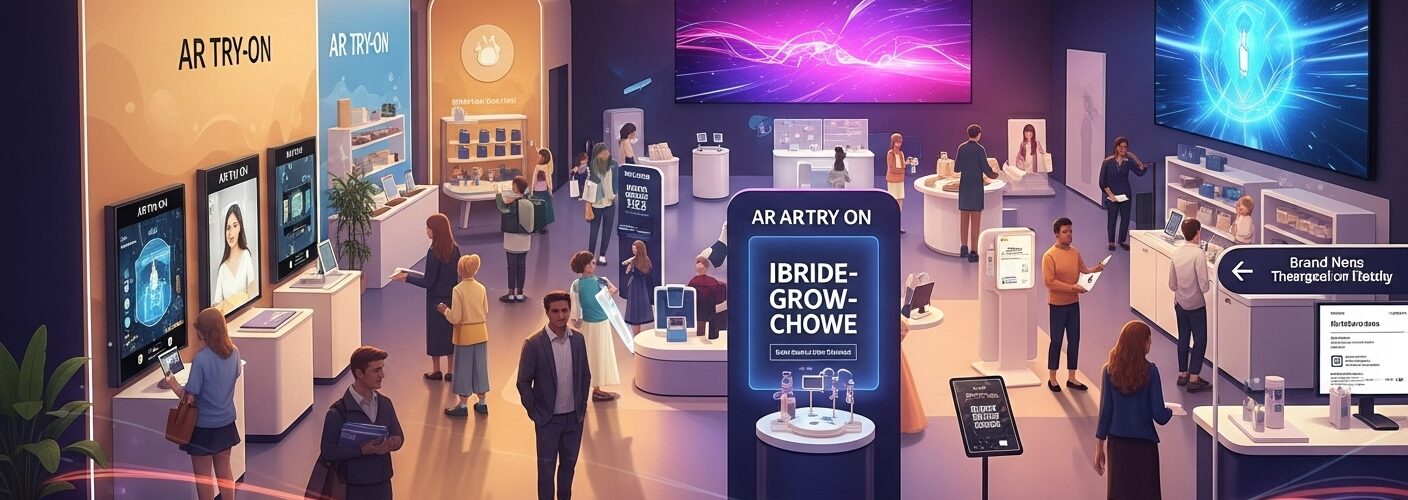 Illustration of an experiential retail pop-up event featuring shoppers interacting with AR try-on displays, smart kiosks, and digital screens, symbolizing how brands use immersive technology to connect with customers.