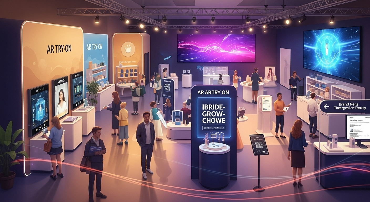 Illustration of an experiential retail pop-up event featuring shoppers interacting with AR try-on displays, smart kiosks, and digital screens, symbolizing how brands use immersive technology to connect with customers.