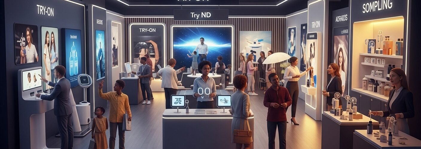 People engaging with augmented reality try-on screens and interactive displays inside a modern experiential retail pop-up store, showcasing T-ROC’s approach to immersive brand experiences.