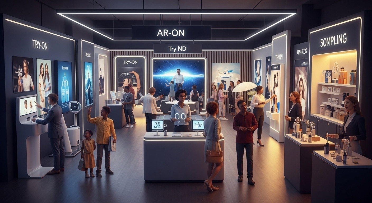People engaging with augmented reality try-on screens and interactive displays inside a modern experiential retail pop-up store, showcasing T-ROC’s approach to immersive brand experiences.
