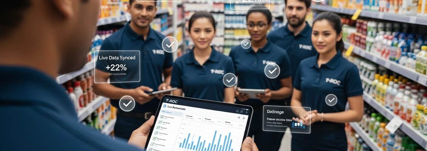 T-ROC Retail360 field team collaborating in store using live performance dashboards and analytics.