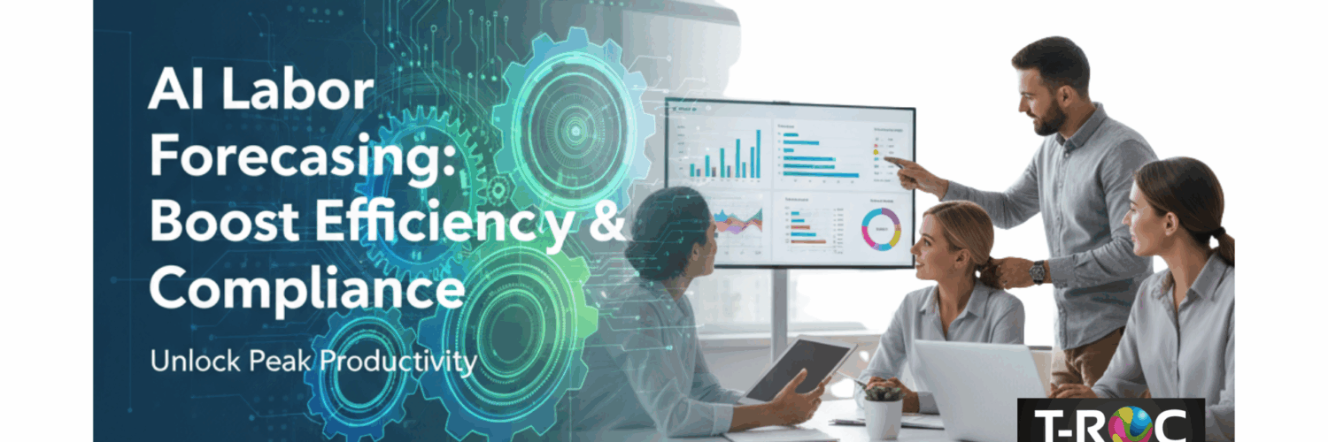 A professional team collaborating in a modern office, looking at a large screen displaying data analytics and charts, with a futuristic overlay of interconnected gears and circuits. The image text reads "AI Labor Forecasting: Boost Efficiency & Compliance" and "Unlock Peak Productivity.