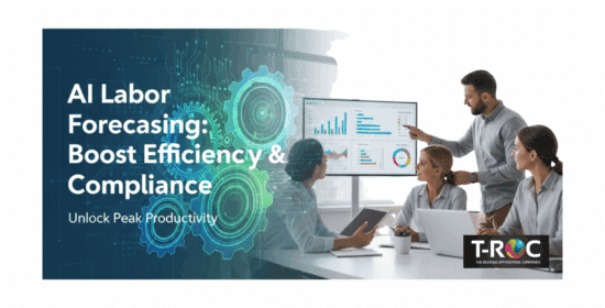 A professional team collaborating in a modern office, looking at a large screen displaying data analytics and charts, with a futuristic overlay of interconnected gears and circuits. The image text reads "AI Labor Forecasting: Boost Efficiency & Compliance" and "Unlock Peak Productivity.