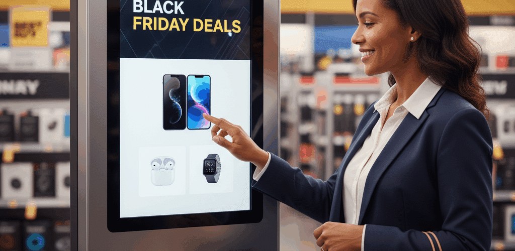 A modern retail store featuring a customer using a self-service kiosk while automated shelves restock products in the background. A store employee walks by smiling, reflecting a supportive and tech-enabled retail environment.
