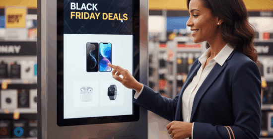 A modern retail store featuring a customer using a self-service kiosk while automated shelves restock products in the background. A store employee walks by smiling, reflecting a supportive and tech-enabled retail environment.
